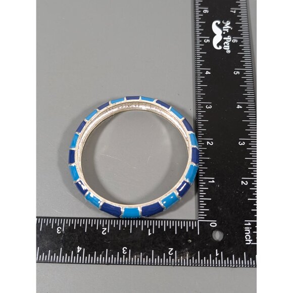 Blue Enamel Stripe Bangle Bracelet Silver Tone 8" Coastal Chic - Picture 6 of 7